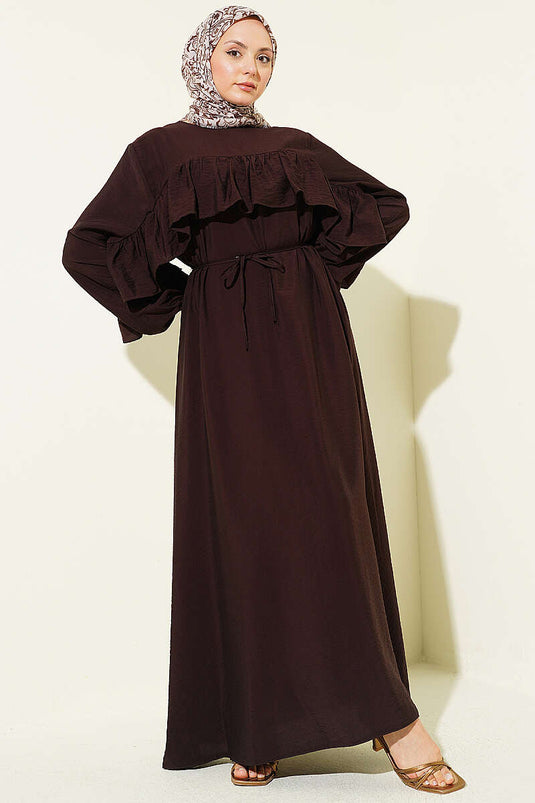 Robe à ceinture en corde avec ruban volantée couleur café amer