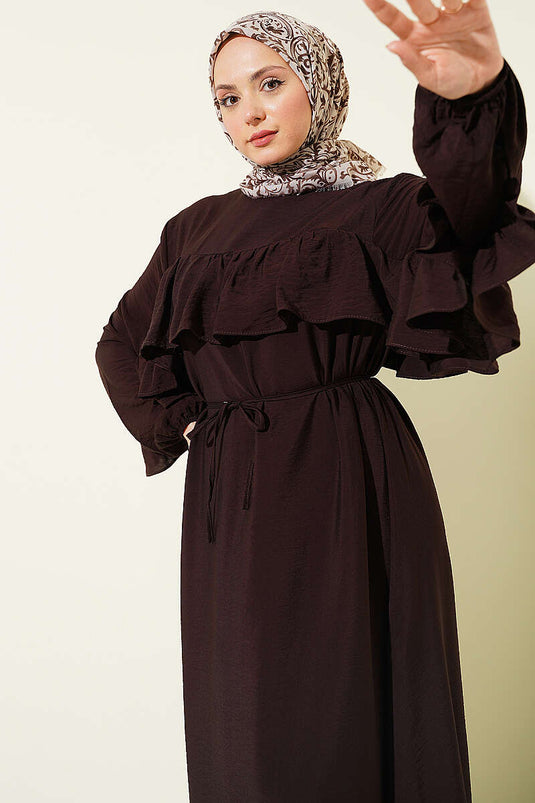Robe à ceinture en corde avec ruban volantée couleur café amer