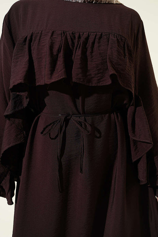Robe à ceinture en corde avec ruban volantée couleur café amer