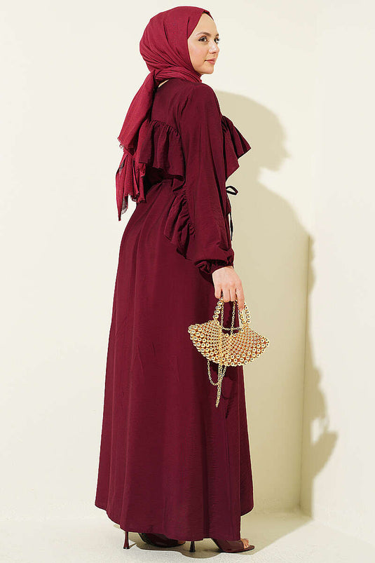 Robe ceinturée à cordon avec ruban volantée couleur prune
