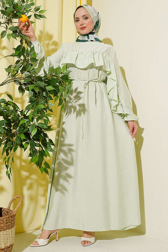 Robe ceinturée à cordon avec ruban volanté vert d'eau