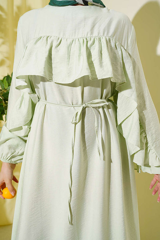 Robe ceinturée à cordon avec ruban volanté vert d'eau