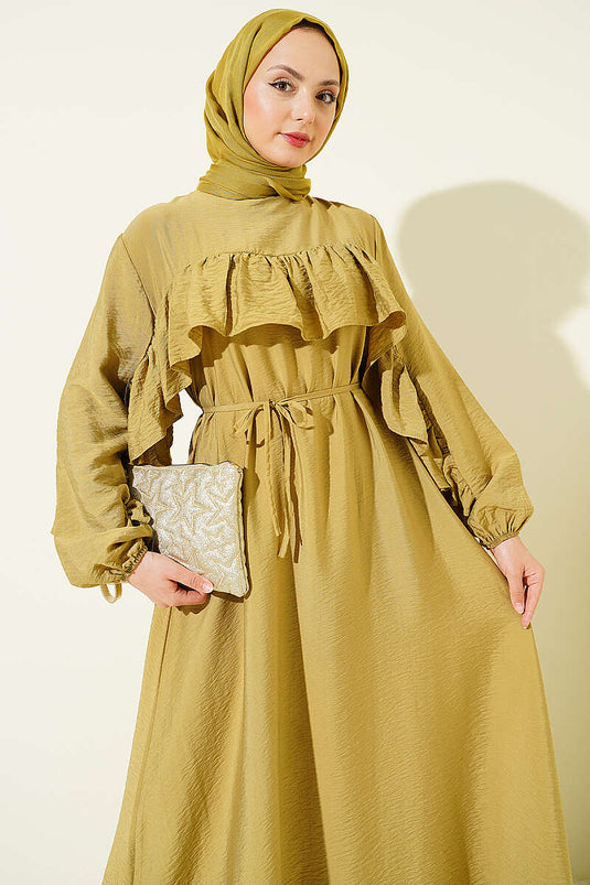 Robe à ceinture cordelette avec volants, vert olive
