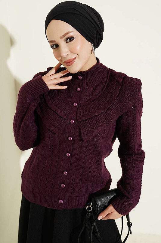 Mauve Strickjacke Mit Rüschenkragen Und Knöpfen