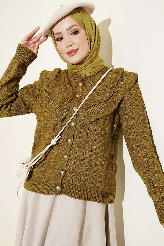 Ruffled Collar Buttoned Knit Cardigan In Olive Green