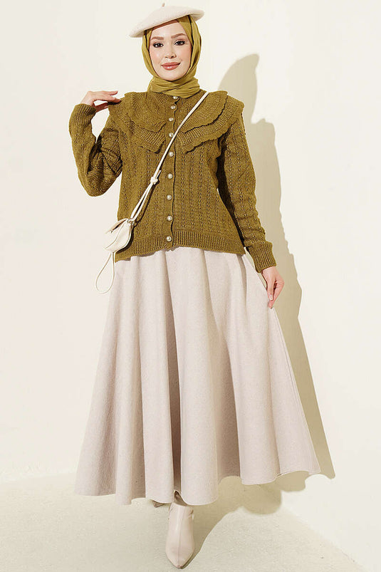 Ruffled Collar Buttoned Knit Cardigan In Olive Green