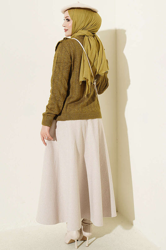 Ruffled Collar Buttoned Knit Cardigan In Olive Green