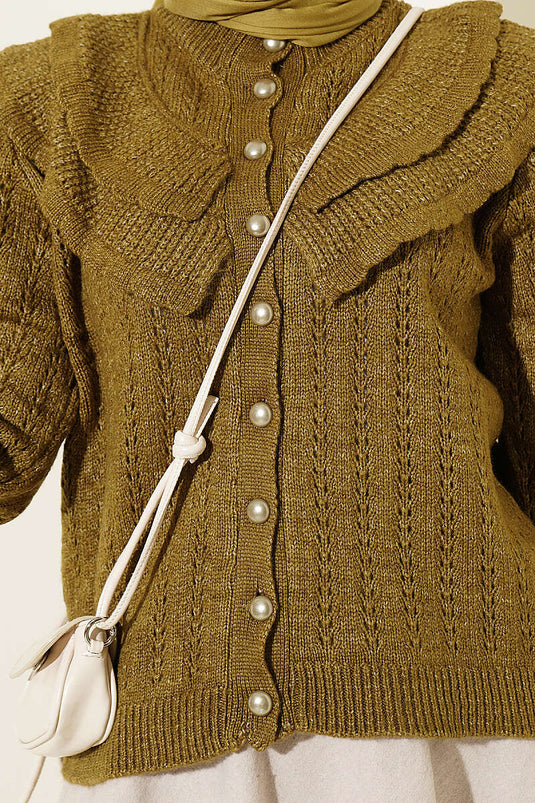 Ruffled Collar Buttoned Knit Cardigan In Olive Green