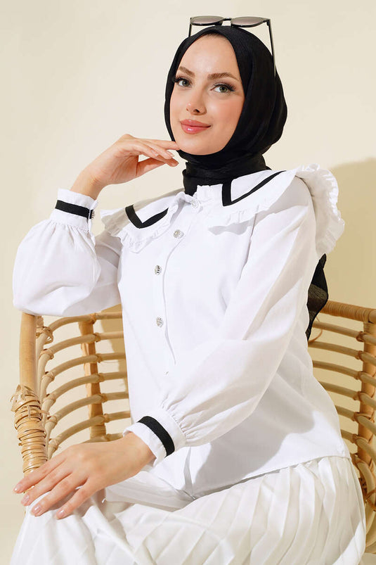 بلوزة بياقة أطفال مكشكشة باللون الأبيض