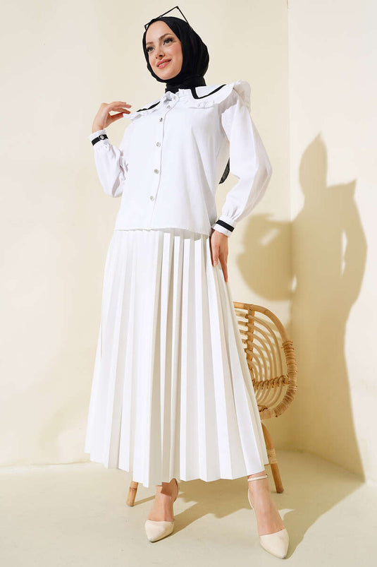 بلوزة بياقة أطفال مكشكشة باللون الأبيض