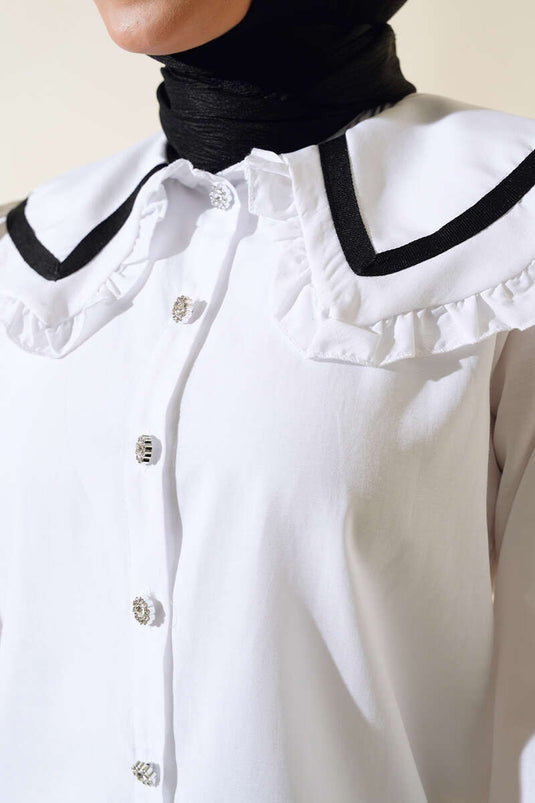 بلوزة بياقة أطفال مكشكشة باللون الأبيض