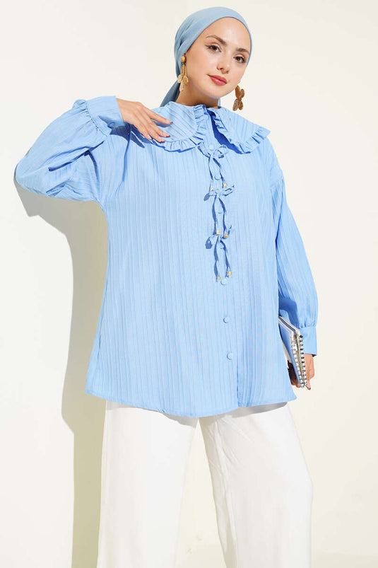 Ruffled Baby Collar Bow Shirt Baby Blue