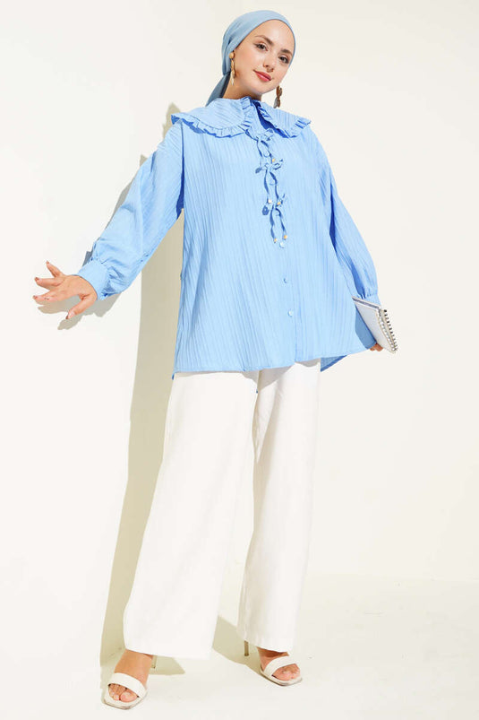 Ruffled Baby Collar Bow Shirt Baby Blue