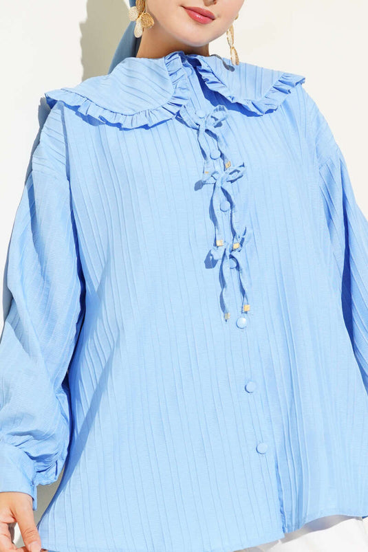 Ruffled Baby Collar Bow Shirt Baby Blue