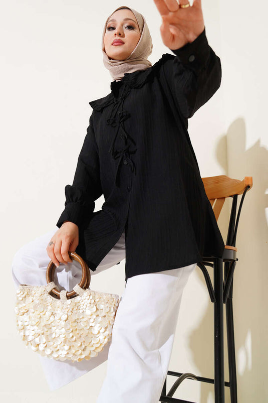 Fırfırlı Bebe Yaka Fiyonklu Gömlek Siyah