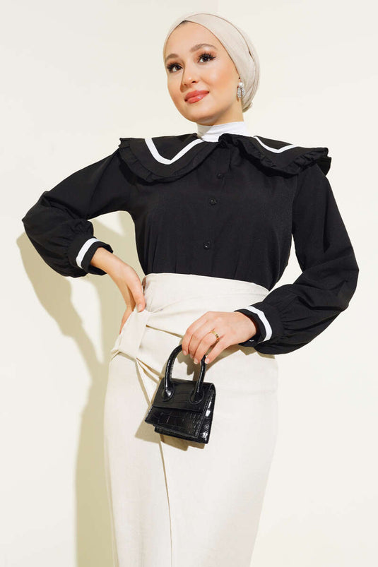 Fırfırlı Bebe Yaka Gömlek Siyah