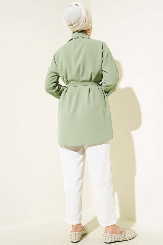 Frilled Baby Collar Belted Shirt Almond Green