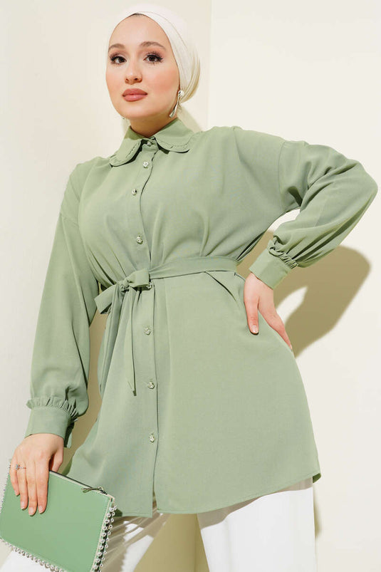 Frilled Baby Collar Belted Shirt Almond Green