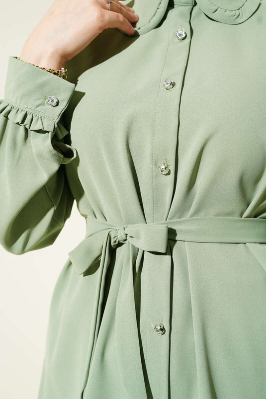 Frilled Baby Collar Belted Shirt Almond Green