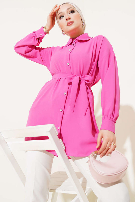 Fırfırlı Bebe Yaka Kuşaklı Gömlek Fuşya