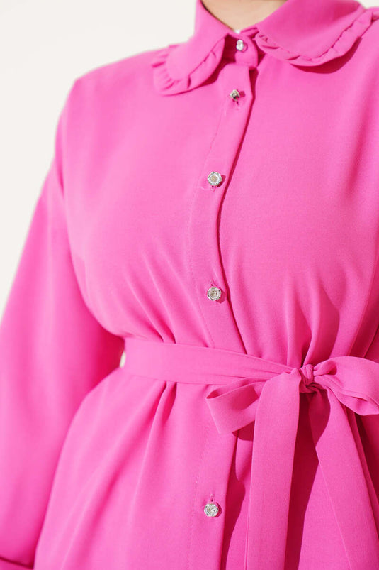 Fırfırlı Bebe Yaka Kuşaklı Gömlek Fuşya