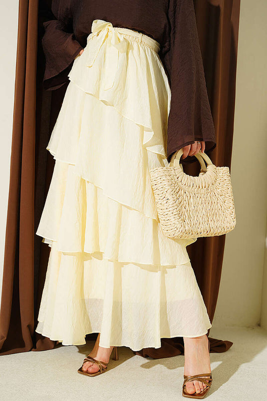 Fırfırlı Bel Lastik Detaylı Şifon Etek Sarı