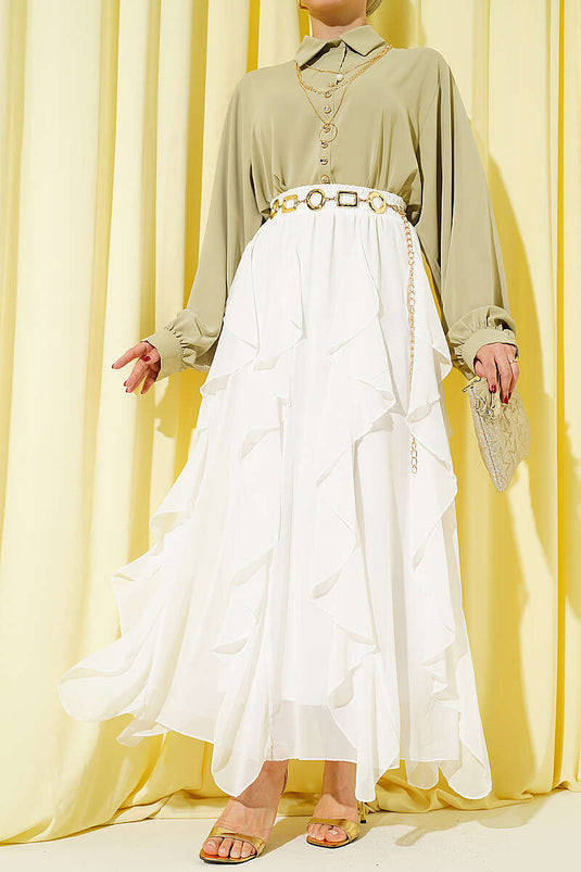 Jupe en chiffon écru à taille élastiquée et volantée