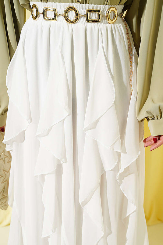 Jupe en chiffon écru à taille élastiquée et volantée