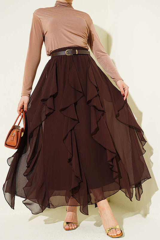 Jupe en chiffon à taille élastique et volantée, couleur café