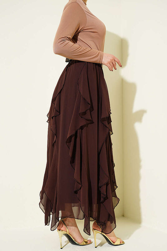 Jupe en chiffon à taille élastique et volantée, couleur café