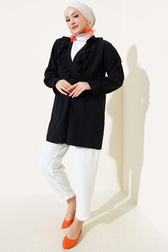 Fırfırlı Bileği Lastikli Kimono Siyah