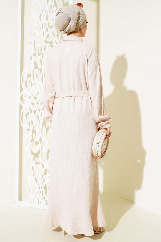 Fırfırlı Boydan Düğmeli Elbise Bej