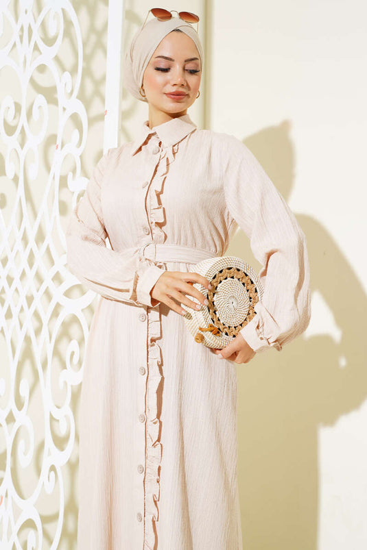 Fırfırlı Boydan Düğmeli Elbise Bej