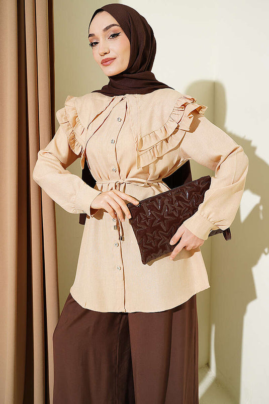 Ruffled Double Sailor Collar Shirt Beige
