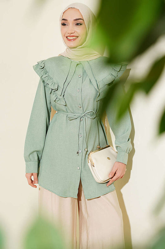 Ruffled Double Sailor Collar Shirt in Pistachio Green
