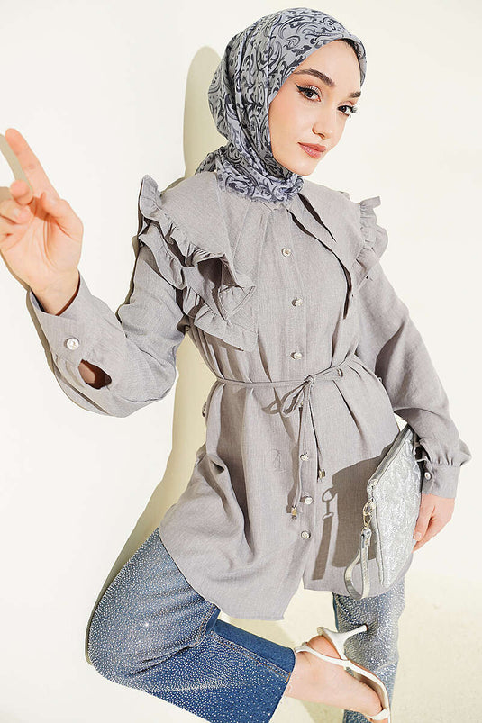 Ruffled Double Sailor Collar Shirt Gray