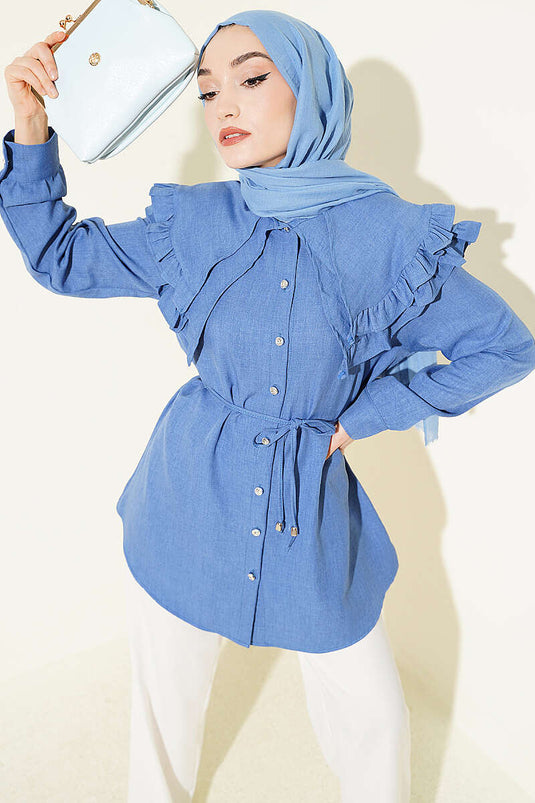 Chemise à col marin double avec volants, indigo