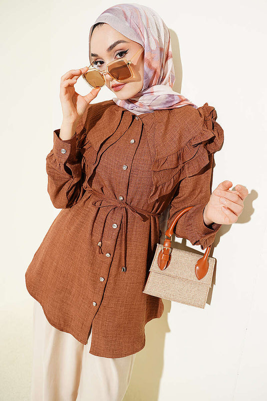 Ruffled Double Sailor Collar Shirt in Tan