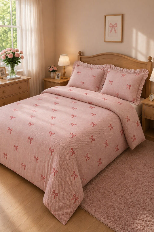 Ensemble de housse de couette double volantée rose