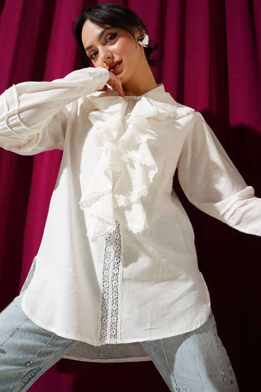 Chemise en lin à col en dentelle à volants écru