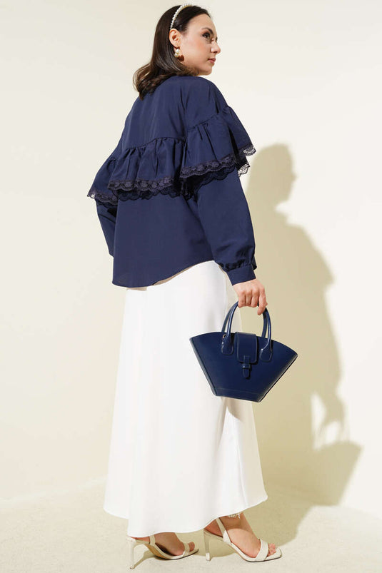 Chemise courte à volants en dentelle bleu marine