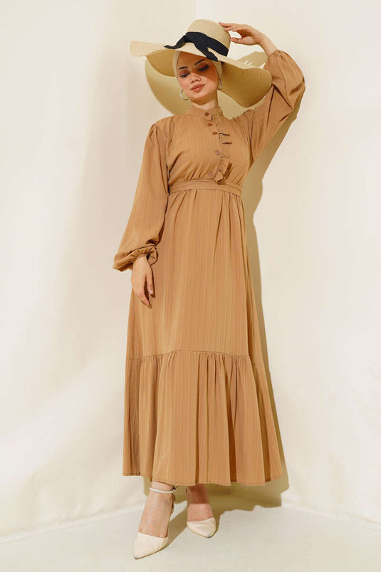 Ruffled Button Dress Camel