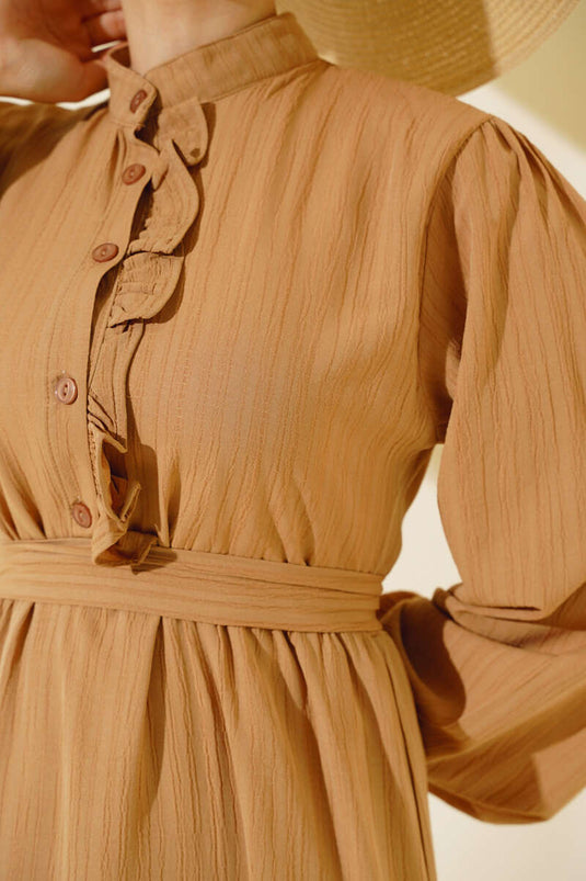 Ruffled Button Dress Camel