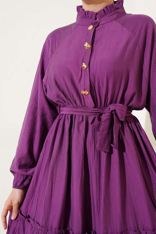 Fırfırlı Düğmeli Elbise Magenta