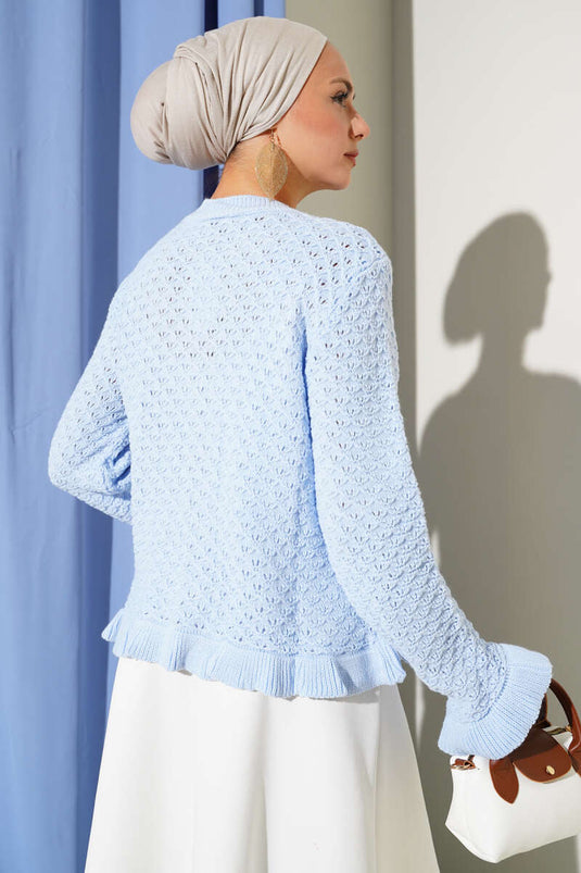 كارديجان قصير محبوك بأزرار مكشكشة باللون الأزرق