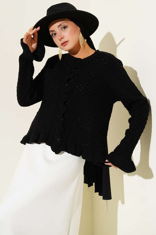 كارديجان قصير محبوك بأزرار مكشكشة باللون الأسود