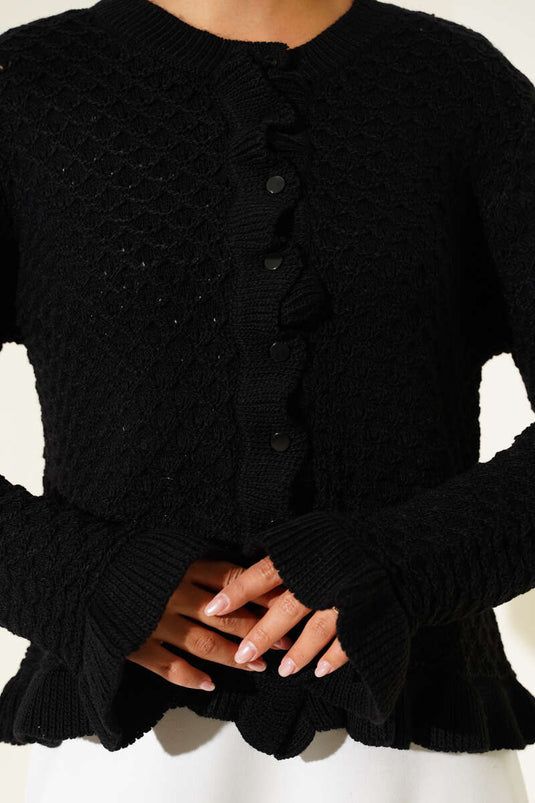 كارديجان قصير محبوك بأزرار مكشكشة باللون الأسود