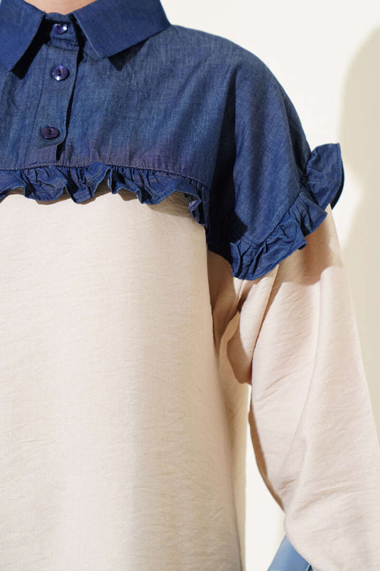 Abito due pezzi con bottoni a metà e volant decorativo beige