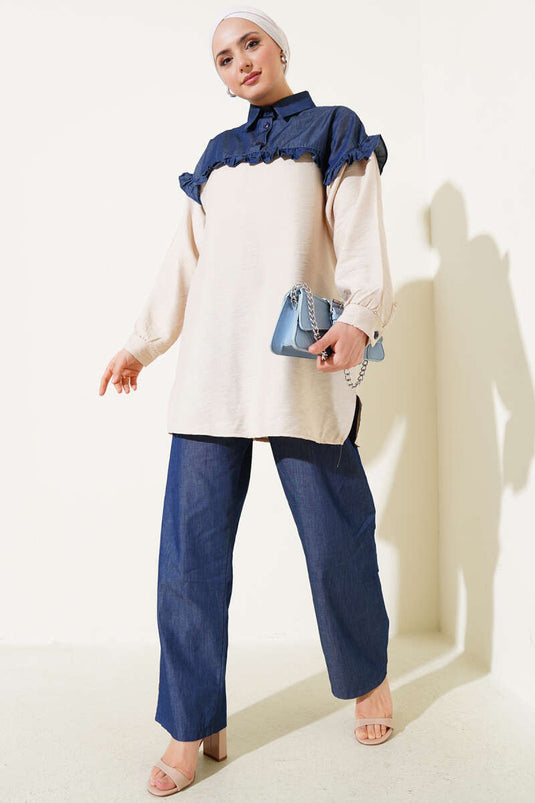 Abito due pezzi con bottoni a metà e volant decorativo beige