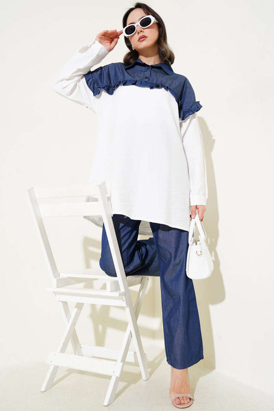 Abito due pezzi con volant e bottoni a metà, bianco